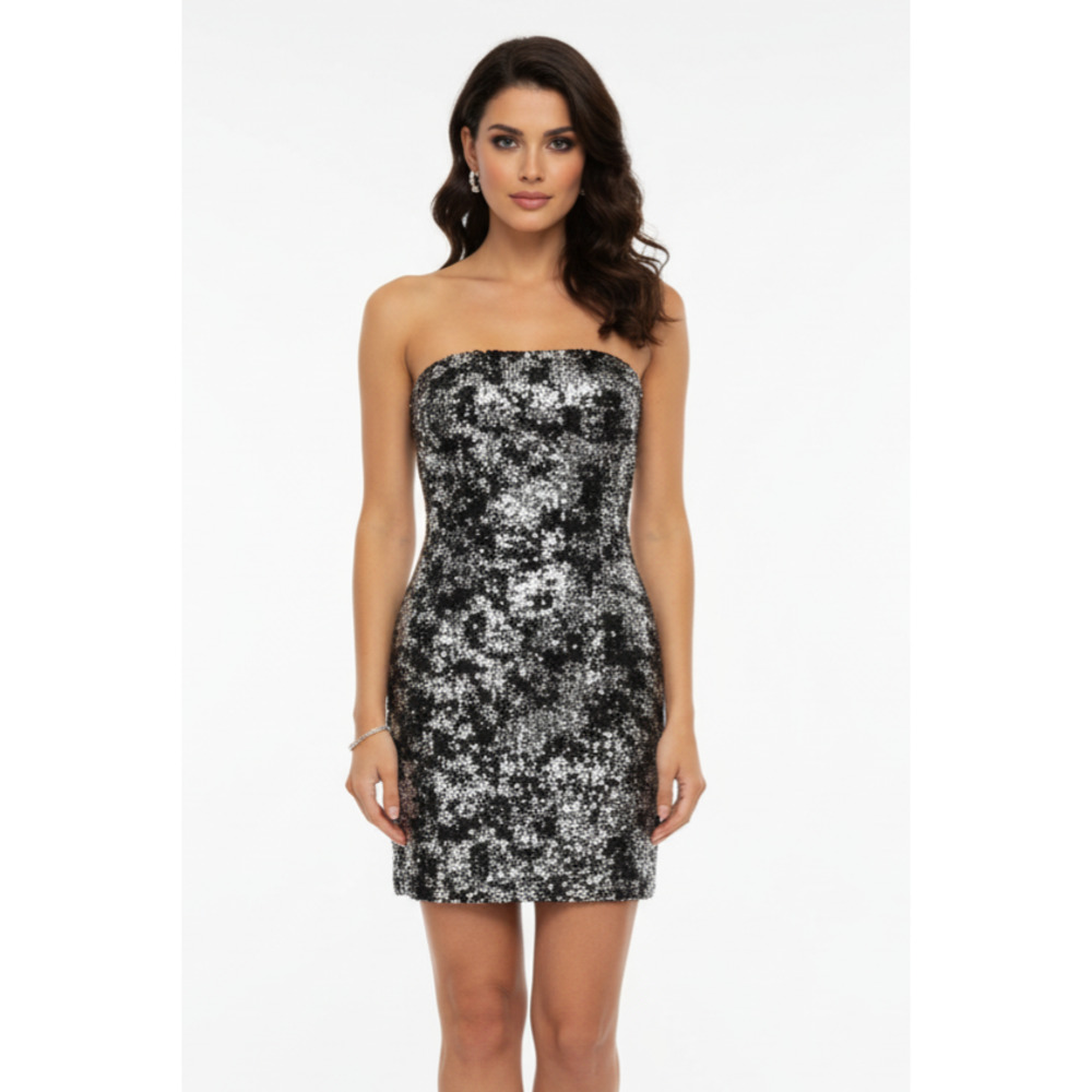 NWT Ruby Rox Black Silver Strapless Sequined Cocktail Formal Prom Dress, Medium